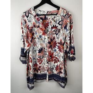 Fig and Flower Top Womens Size 2X White Red 1/2 Sleeve Floral Boho Hippie Button